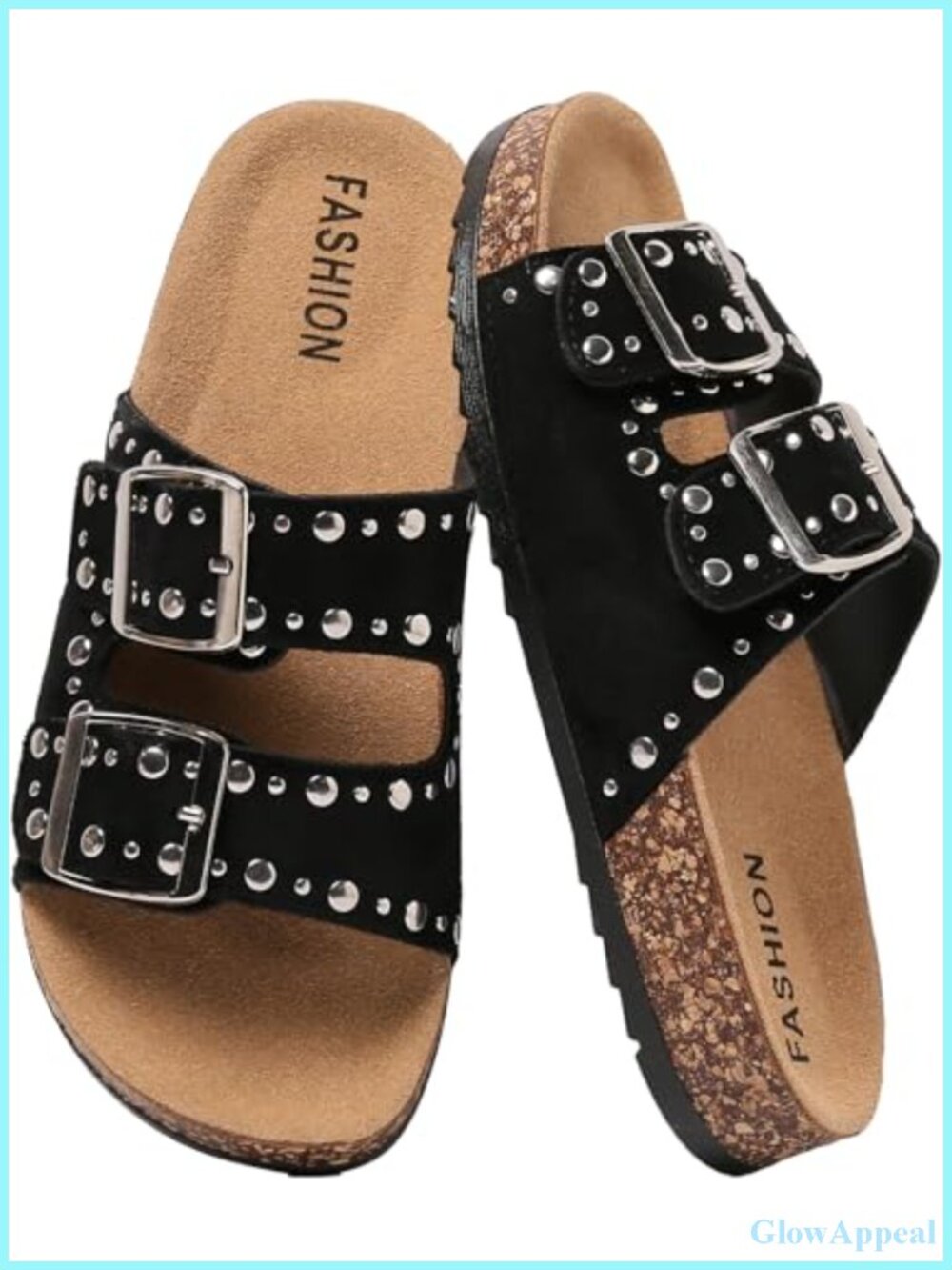 Cork Footbed Slide Sandals Adjustable Buckle Studded